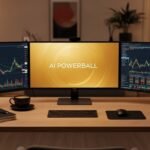 깔끔한 서재에서 여러 모니터에 파워볼 분석 데이터를 띄워놓고 작업하는 전업 투자자